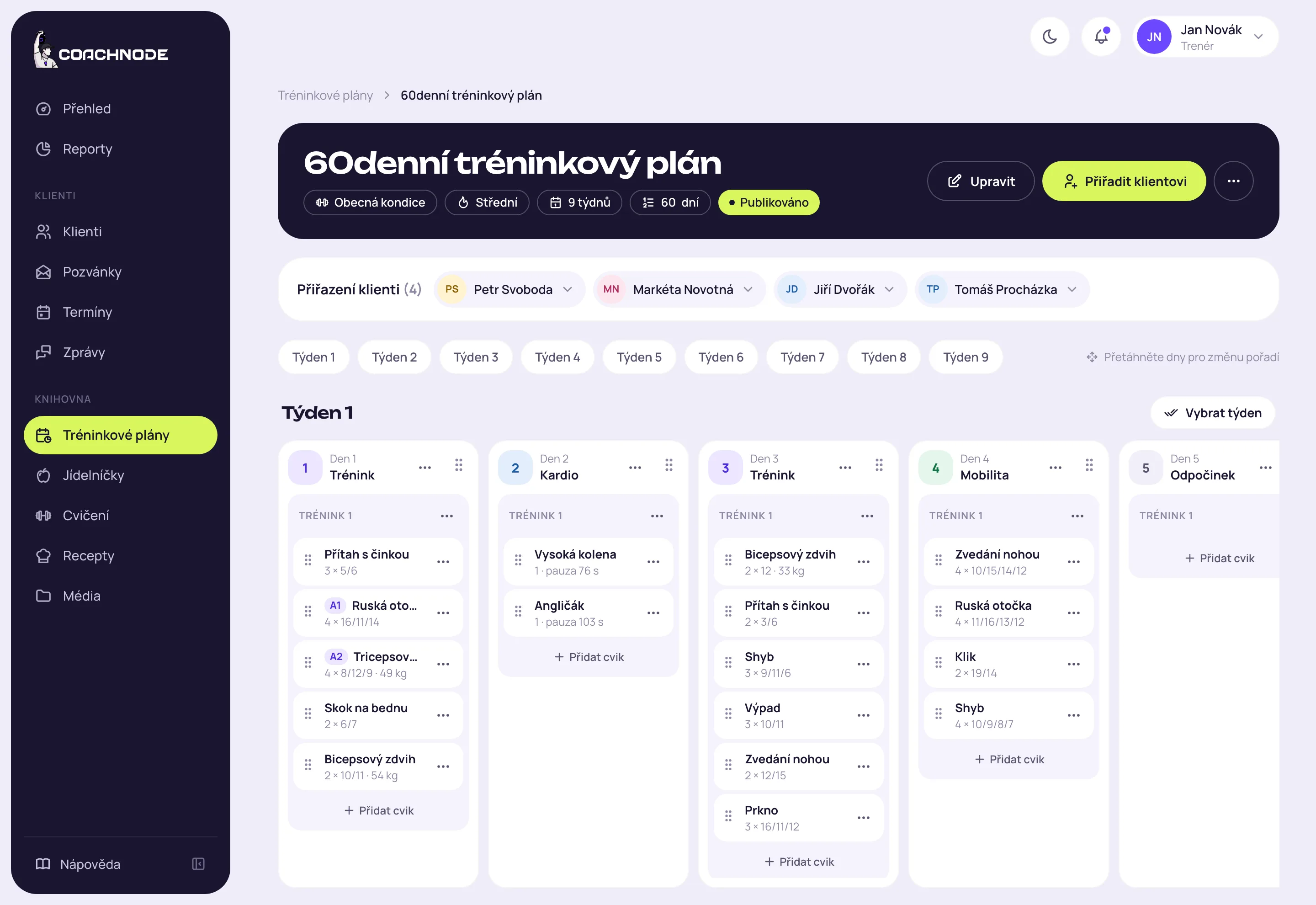 Editor tréninkového plánu v Coachnode