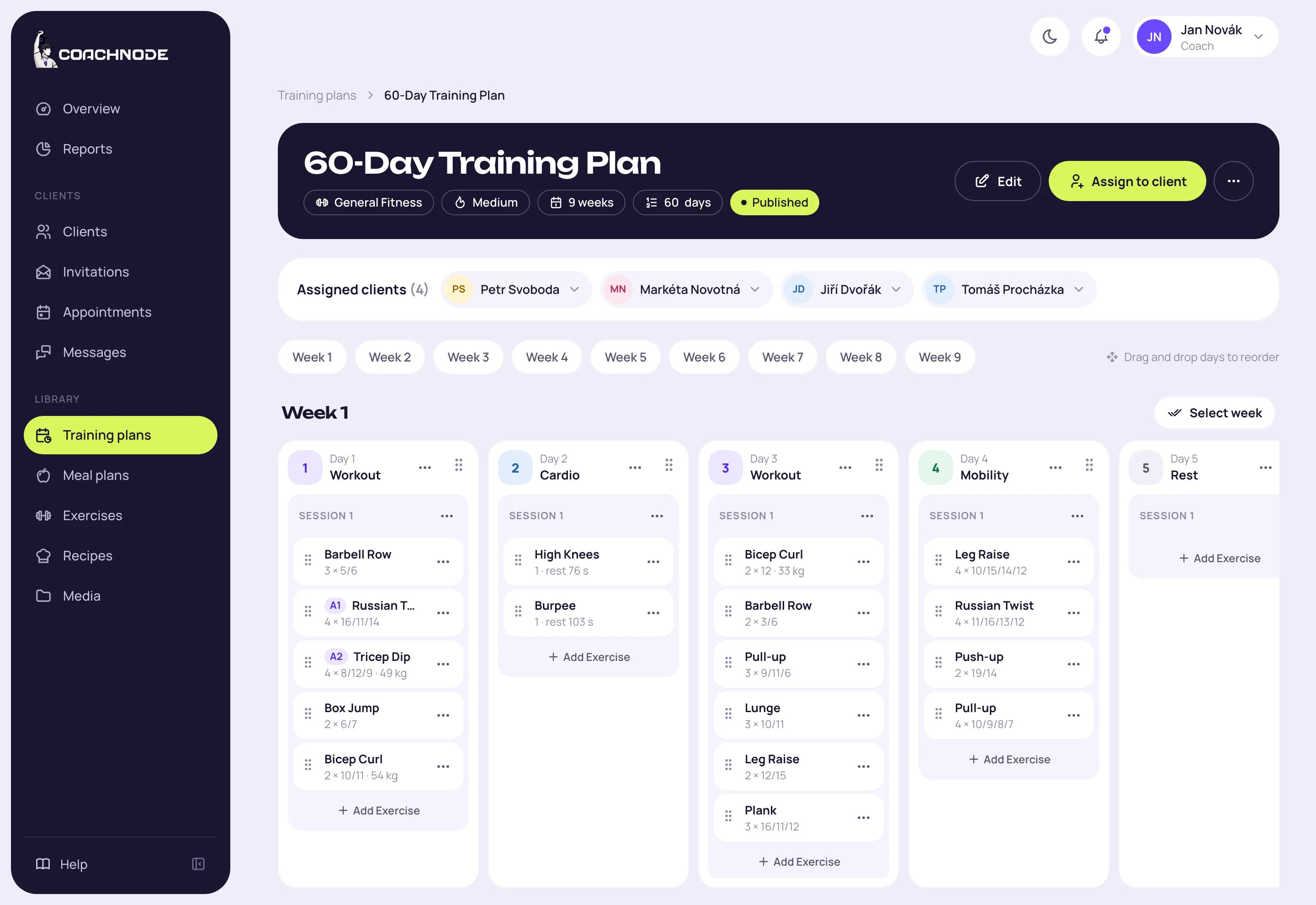 Training plan editor in Coachnode